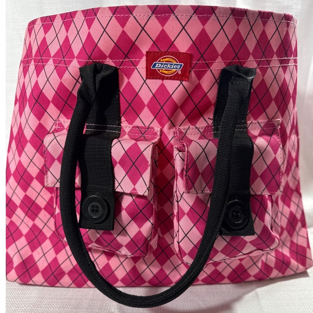 Dickies Pink Argyle Canvas‎ Tote Bag Cargo Pockets Black Straps Y2K Style